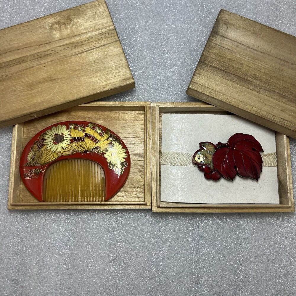 Vtg Japanese Lacquer Makie Comb Kushi Obidome Set Hakata Antique Shop Box